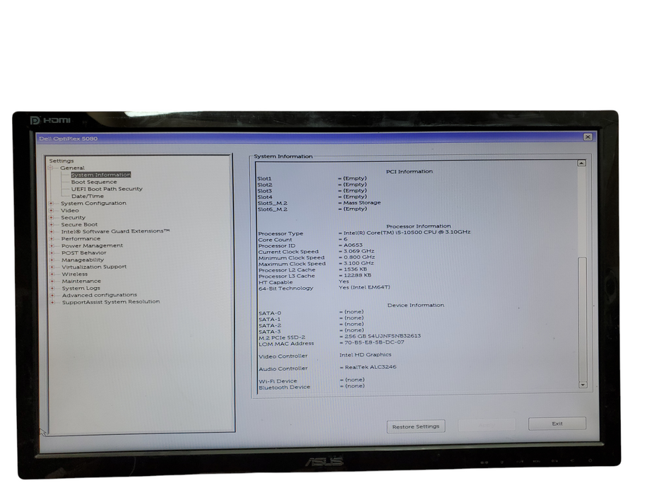 Dell OptiPlex 5080 Tower, i5-10500@3.10GHz, 8GB DDR4, 256GB NVMe, No OS