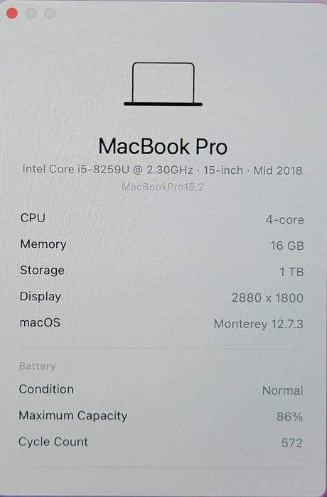 Apple Macbook Pro 2018 4-Core i5-8259U @ 2.3GHz 16GB RAM 1TB SSD (