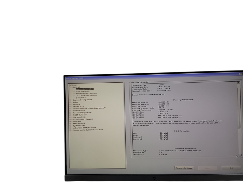Dell Optiplex 7070 SFF i7 - 9700 @ 3.00GHz 16GB DDR4 Ram NO HDD Qθ