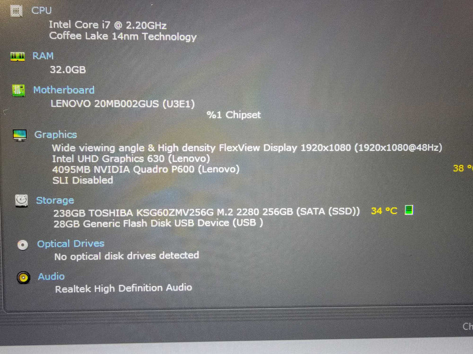 Lenovo ThinkPad P72 | i7-8750H @2.2GHz 32GB RAM 256GB SSD | Quadro - READ  Lap200