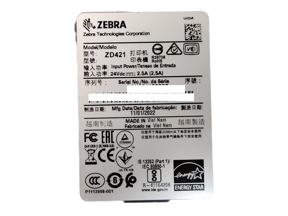 Zebra ZD421 Direct Thermal Label Printer, ZD4A042-D01M00EZ, TESTED