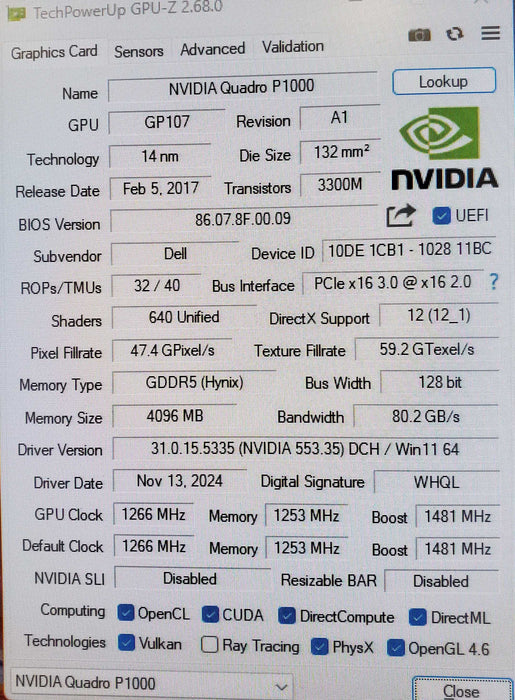 NVIDIA Quadro P1000 4GB GDDR5 - Graphics Card Low Profile