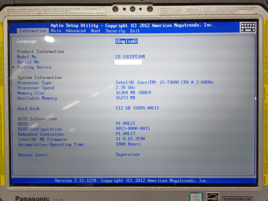 PANASONIC ToughBook CF-33 - Core i5-7300 16GB RAM 512GB 1800HRS  Lap200