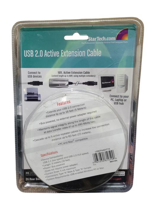 StarTech USB 2.0 Active Extension Cable - 16ft USB2FAAEXT15 Q