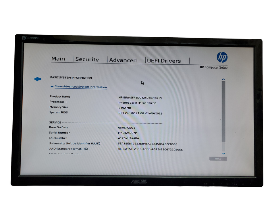 HP Elite SFF 800 G9, i7-14700, 8GB DDR5, 256GB NVMe, No OS Q