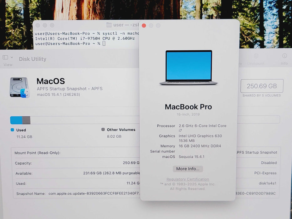 Apple Macbook Pro 2019 15" 6-Core i7-9750H @ 2.6GHz 16GB DDR4 250GB SSD (