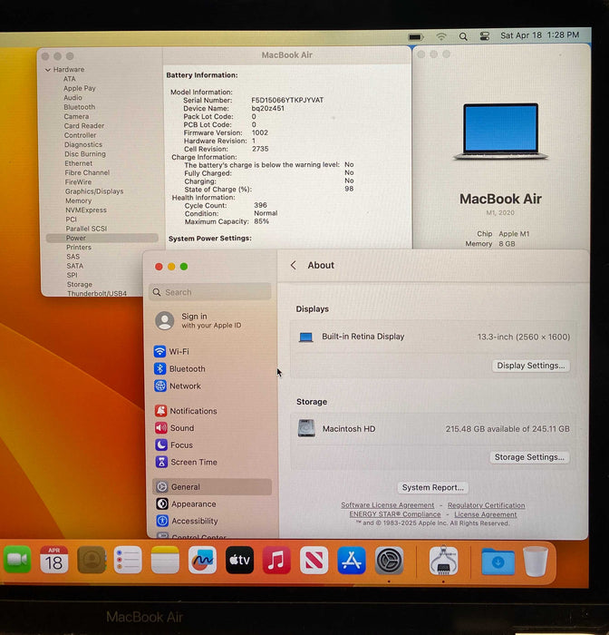 Apple MacBook Air 13" M1 2020 8GB 256SSD FAulty LCD/Charging Port For Parts Q