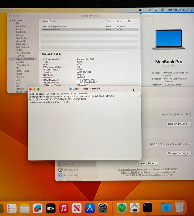 Apple MacBook Pro 15" i7-7820HQ Radeon Pro 560 GPU 16GB RAM 512GB SSD READ