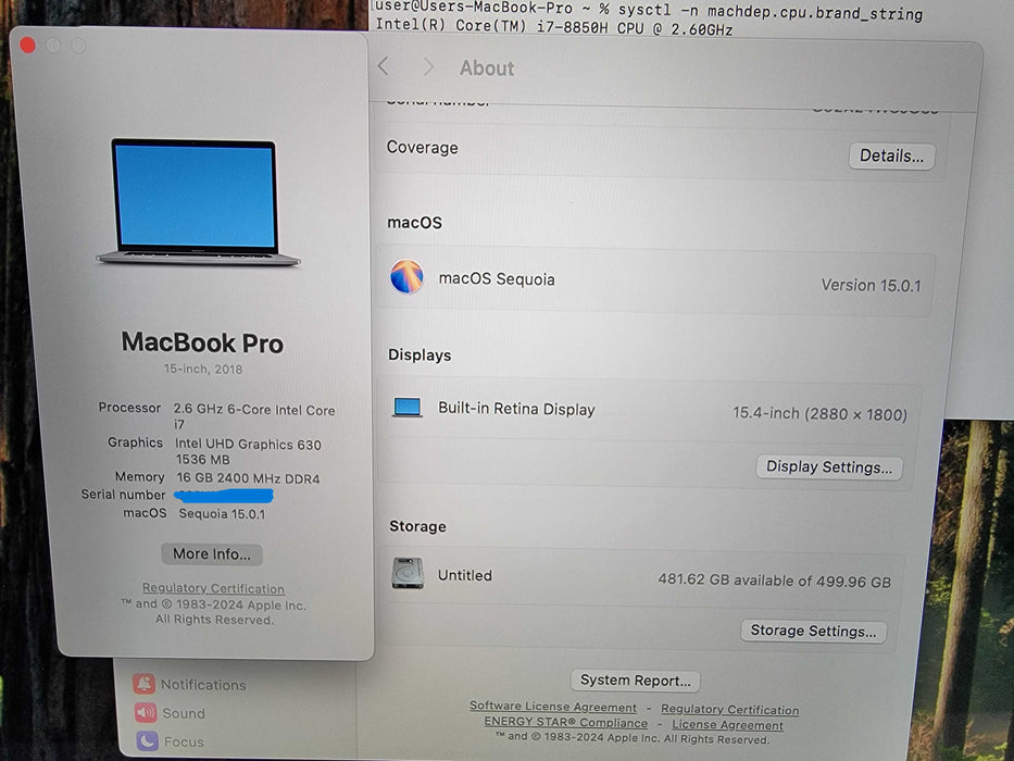 MacBook Pro 15" 2018 |6-Core i7-8850H @2.6GHz 16GB RAM 500GB-SSD Pro560x READ