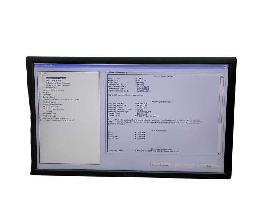 Dell OptiPlex 3070 SFF i7 - 9700 @ 3.00GHz 16GB DDR4 Ram No HDD θ