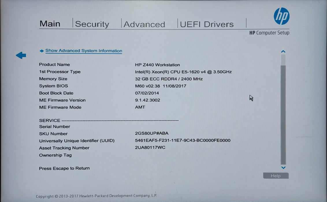 HP Z440 Workstation, Xeon E5-1620 v4 3.20GHz, 32GB DDR4, K4000, No HDD