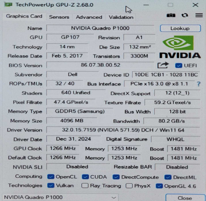 NVIDIA Quadro P1000 4GB GDDR5 Graphics Card Full height Bracket _