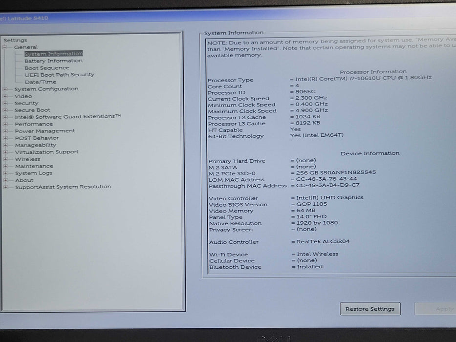 Dell Latitude 5410 Intel Core i7-10610U 1.80GHz 16GB DDR4 256GB NVMe, SEE _ Lap200