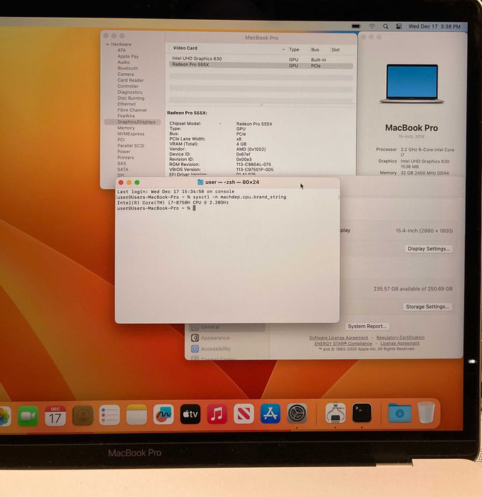 Apple MacBook Pro 15" 2018 i7-8750H 32GB RAM 256SSD Radeon Pro 555X READ