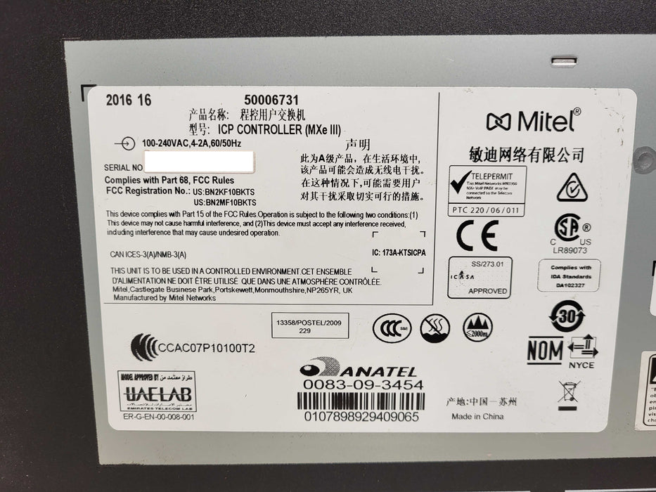 MITEL 50006731 3300 MXe III ICP CONTROLLER CALL SERVER No HDD $