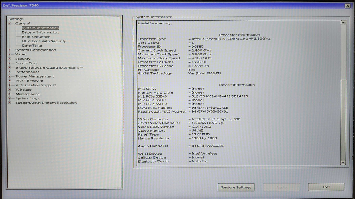 Dell Precision 7540, Xeon E-2276M 2.80GHz, 48GB DDR4, 512GB NVMe, RTX 3000  Lap200