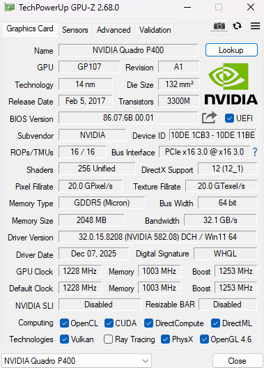 NVIDIA Quadro P400 2GB GDDR5 Graphics Card - Low Profile