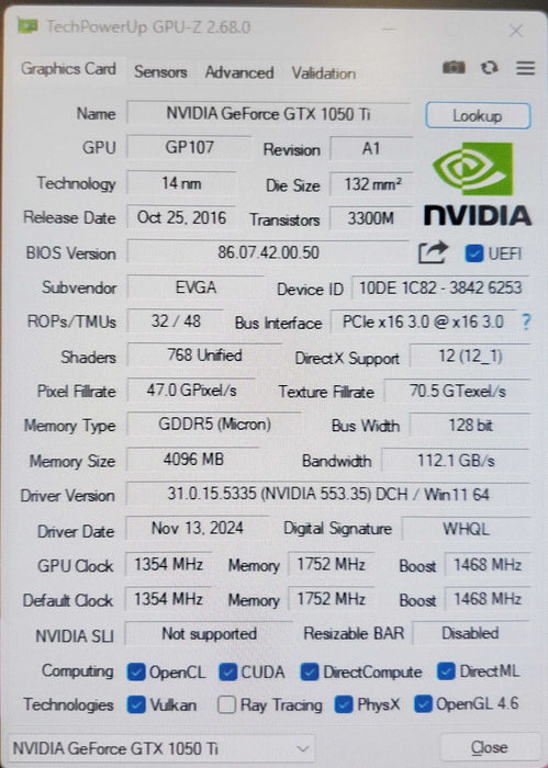 EVGA GeForce GTX 1050 Ti 4GB GDDR5 Graphics Card (04G-P4-6253-KR)