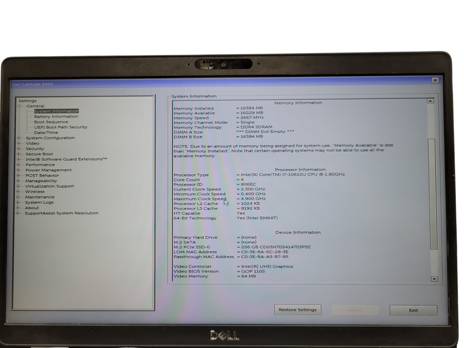 Dell Latitude 5410 Core i7-10610U 1.8GHz 16GB RAM 256GB NVMe ! Lap200
