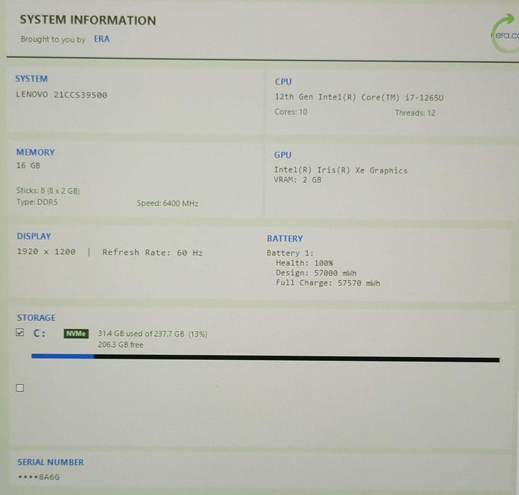 Lenovo ThinkPad X1 Nano Gen 1 i7- 1160G7 16GB RAM 512GB NVMe Low Bat Health β Lap200