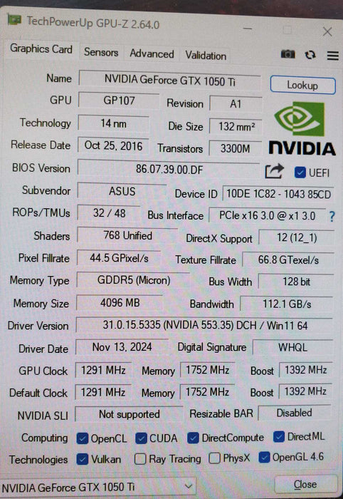 ASUS ROG Strix GTX 1050Ti 4GB Graphics Card - 1xHDMI 1xDP 2xDVI