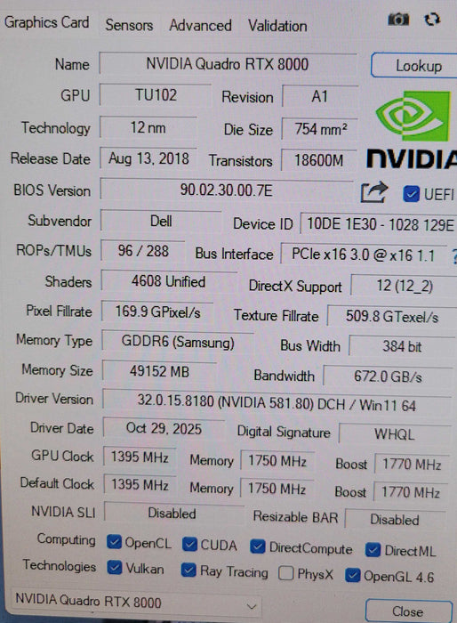 DELL NVIDIA QUADRO RTX 8000 48GB GDDR6 384-bit PCIE (10K7M) %
