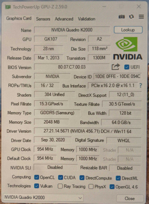 NVIDIA Quadro K2000 | 2GB GDDR5 Graphics Card | 1xDVI 2xDP