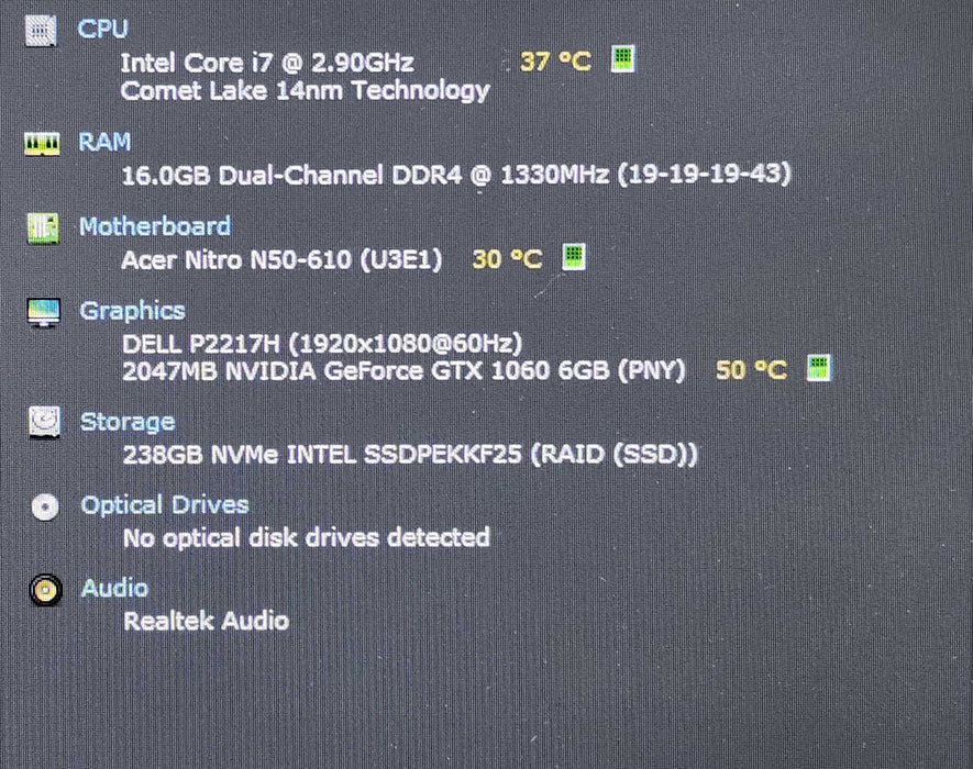 Acer Nitro N50-210, i7-10700 2.90GHz, 16GB DDR4, 256GB NVMe, GTX1060