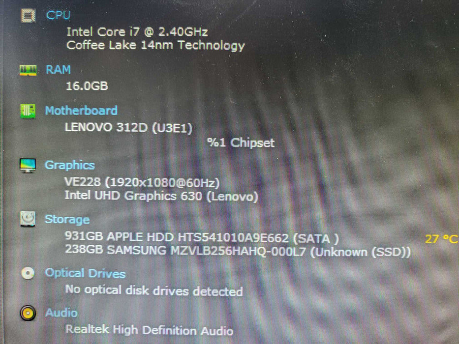 Lenovo Thinkcentre M720Q i7 8700T 16GB 256 nVME 1TB HDD WIFI