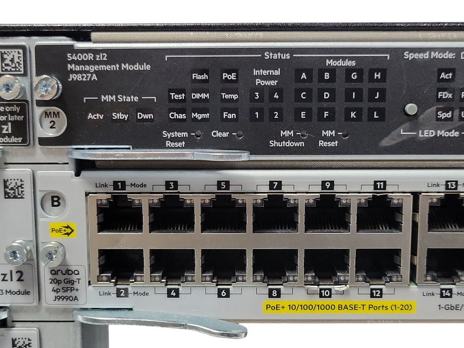 HPE Aruba J9850A 2x Management Module 3x J9986A, 1x J9990A, 2x J9830B PSUs _