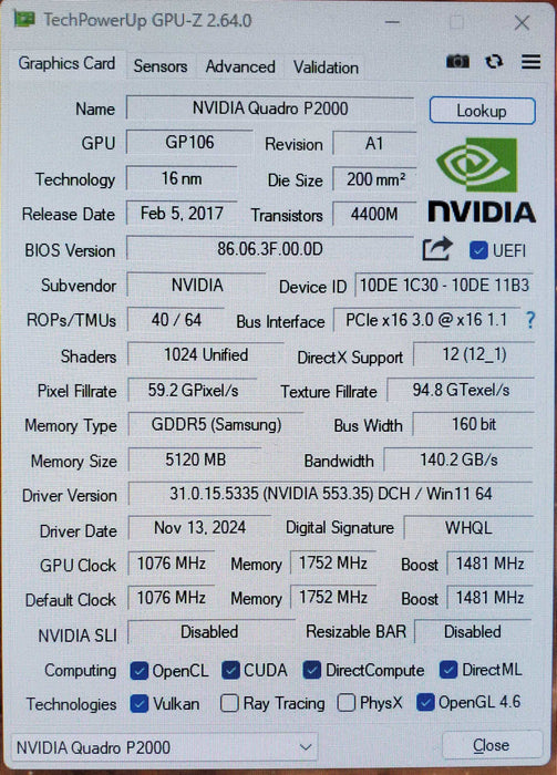 NVIDIA Quadro P2000 5GB GDDR5 Graphics Card - 4x Display Port