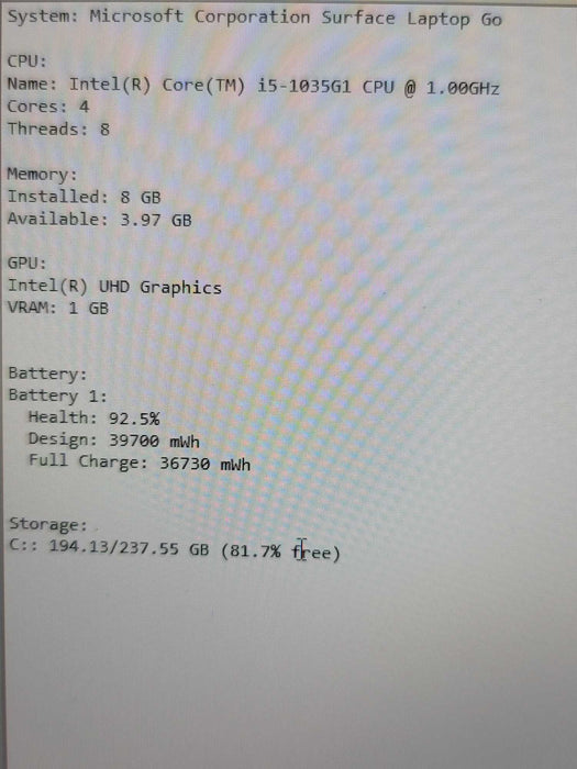 Microsoft Surface Laptop Go i5-1035G1 8GB RAM 256GB NVMe  β Lap200