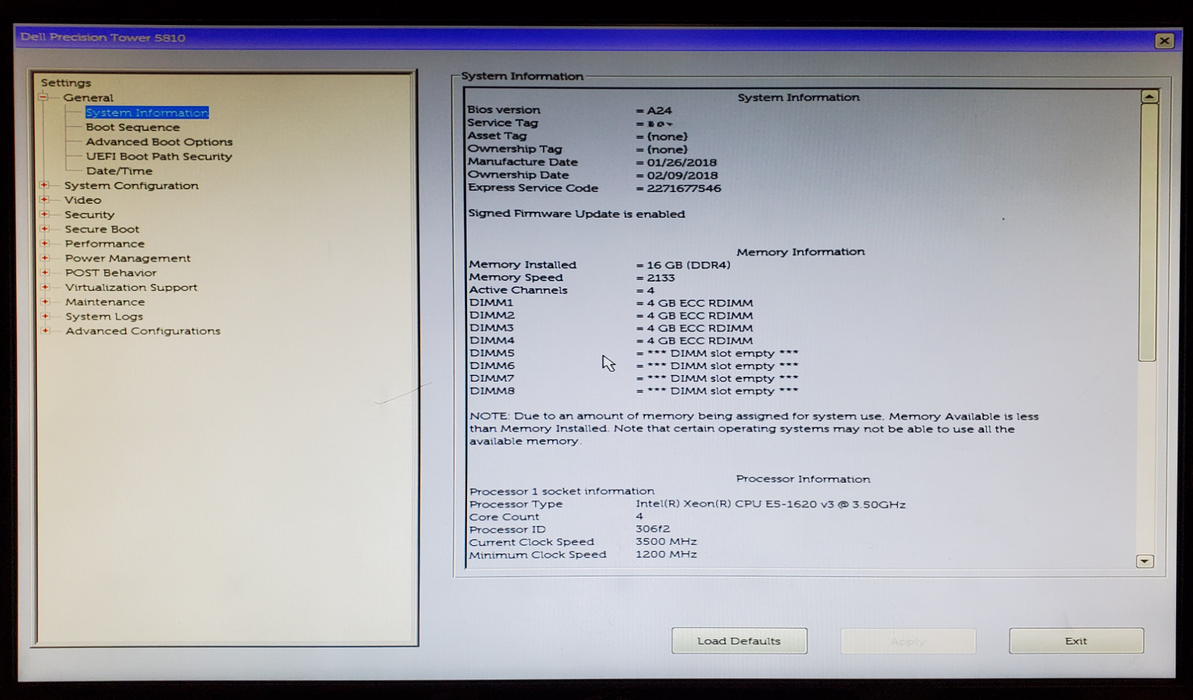 Dell Precision T5810 Xeon E5-1620 v3 16GB DDR4 K620 - No HDD