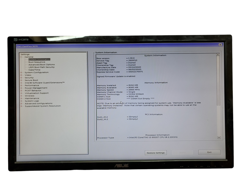 Dell OptiPlex 3070 USFF, i5-9500T, 8GB DDR4, 128GB SATA, No OS Q