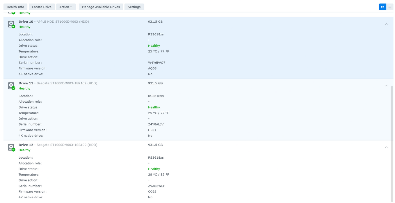 Synology 12 bay NAS RackStation RS3618xs 2U, 12x 1TB HDDs