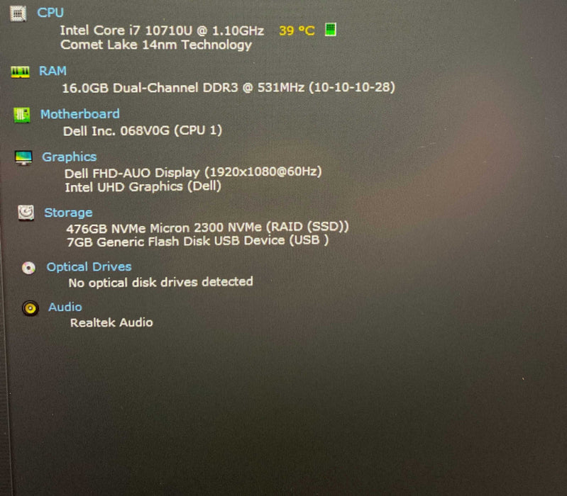 Dell XPS 13 7390 Core i7-10710U@1.10GHz 16GB RAM 512GB SSD READ  Lap200