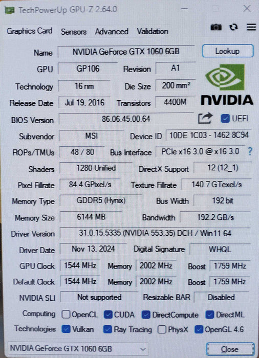 MSI NVIDIA GeForce GTX 1060 6GT OCV1 Graphics Card