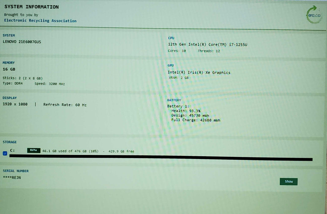 Lenovo ThinkPad E15 Gen 4 Core i5-1255U@1.30GHz 16GB RAM 512GB SSD  Lap200