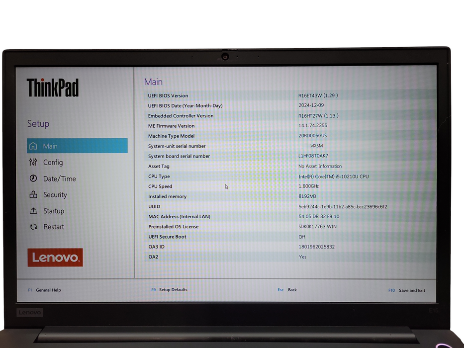 Lenovo ThinkPad E15 Core i5-10210U@1.60GHz 16GB RAM 256GB SSD READ ! Lap200