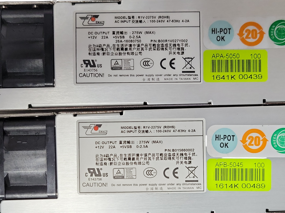 Lot of 2x R1V-2275V B00R1V027Y002 275 Watt AC Power Supplies _