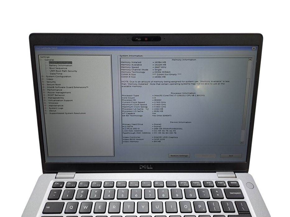 Dell Latitude 5410 Intel Core i7-10610U @1.80GHz, 16GB DDR4, 256GB NVMe   Lap200