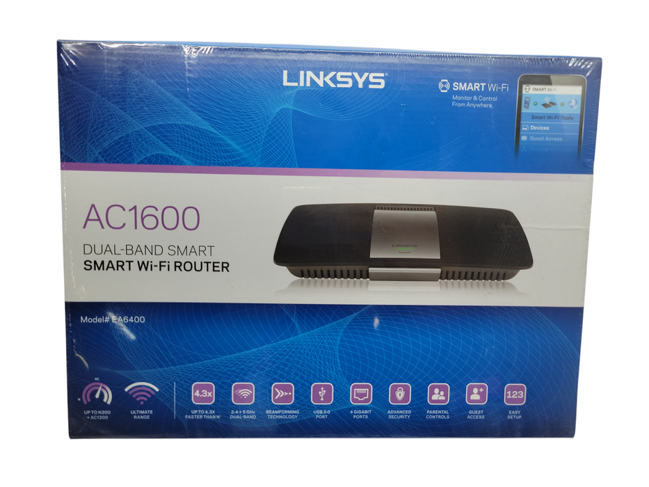 NEW Linksys AC1600 Dual-Band Smart Wi-Fi ROUTER (EA6400) Q%