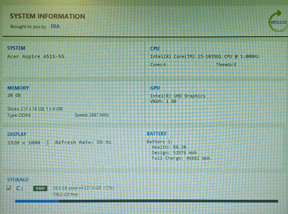 Acer Aspire 515-55 Core i5-103G1@1.00GHz 20GB RAM 256GB SSD  Lap200