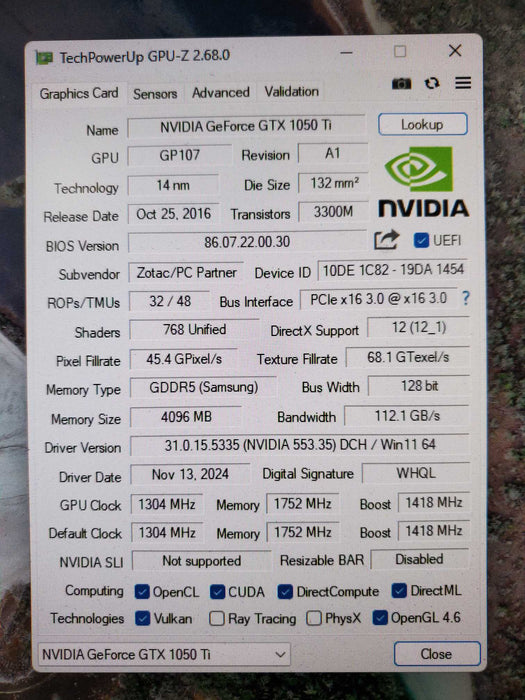 Zotac GeForce GTX 1050 Ti 4GB GDDR5 Graphics Card 288-1N454-000Z8 Q