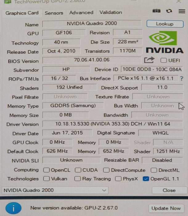 NVIDIA QUADRO 2000 1GB GDDR5 Graphics Card - 2x DP 1x DVI