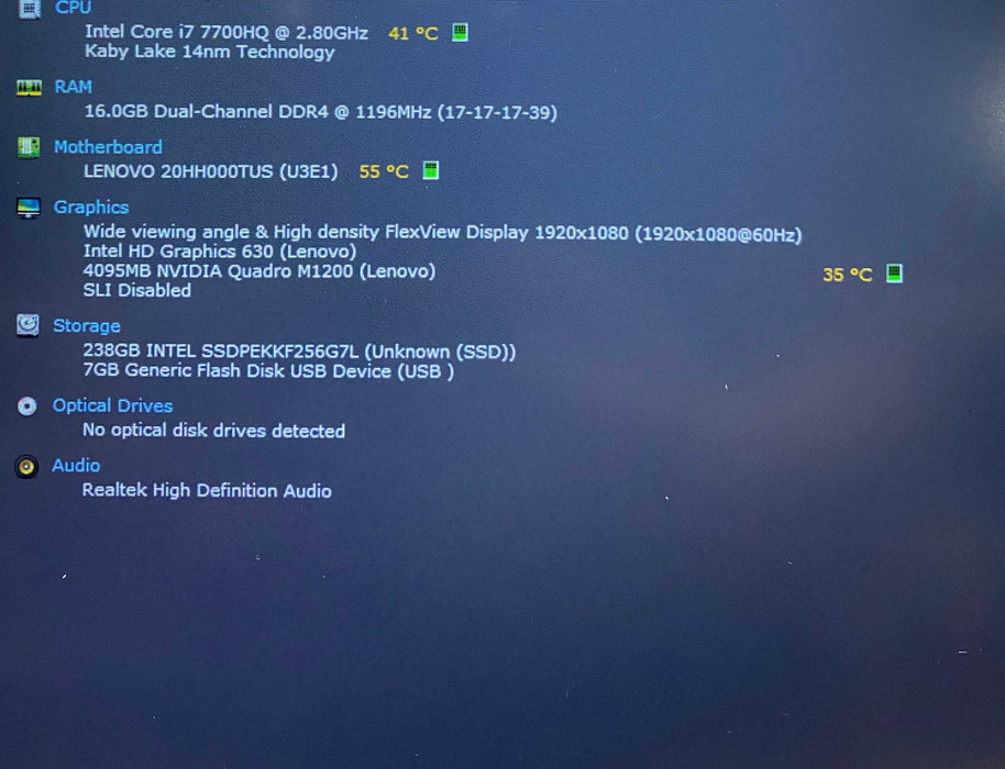 Lenovo ThinkPad P51 i7-7700HQ@2.8 QUADRO M1200 4GB GPU 16GB RAM 256SSD READ  Lap200