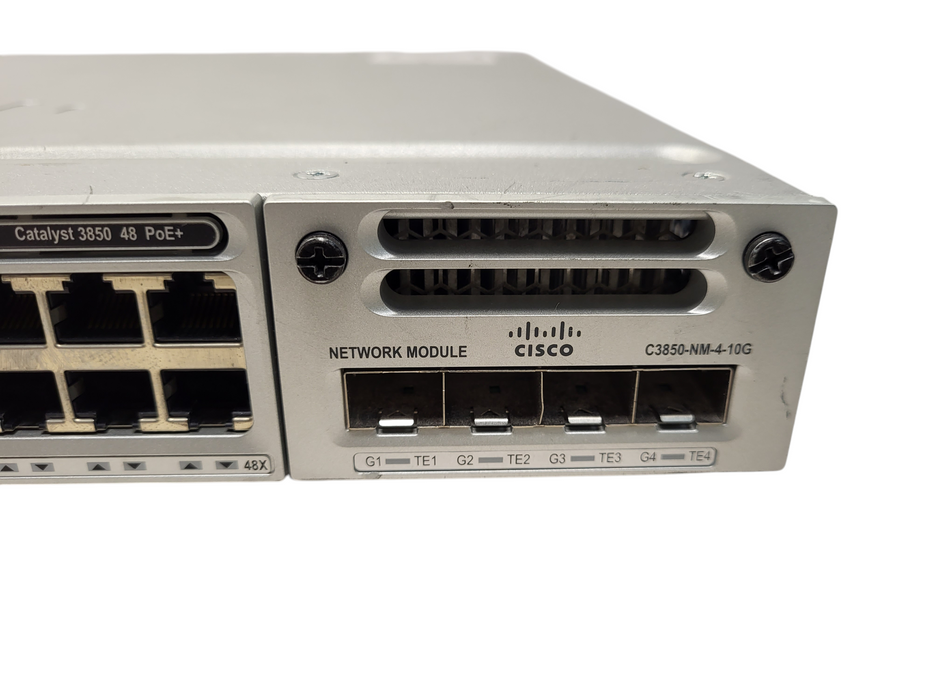 Cisco WS-C3850-48F-S GbE PoE+ Switch w/ 1x 1100W PSU, C3850-NM-4-10G Q$