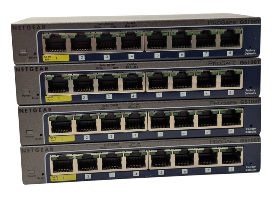 Lot of 4x NETGEAR ProSAFE GS108T 8 Port Gigabit PoE Powered Switches  -