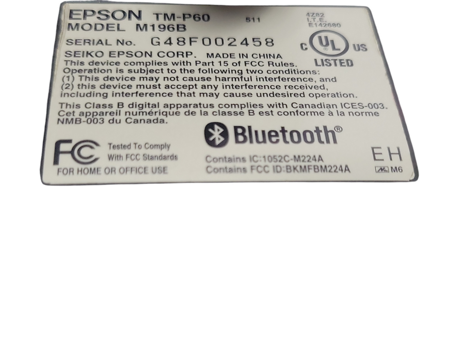 Epson TM-P60 POS Thermal Receipt Printer Bluetooth M196B, READ _