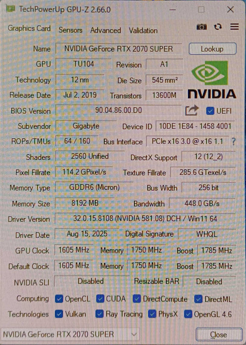 GIGABYTE NVIDIA GeForce RTX 2070 SUPER Windforce OC 3X 8GB GDDR6